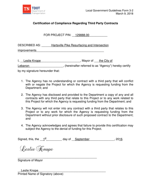 Sample Form 3-2 Certification of Compliance Regarding Third Party Contracts - Tennessee