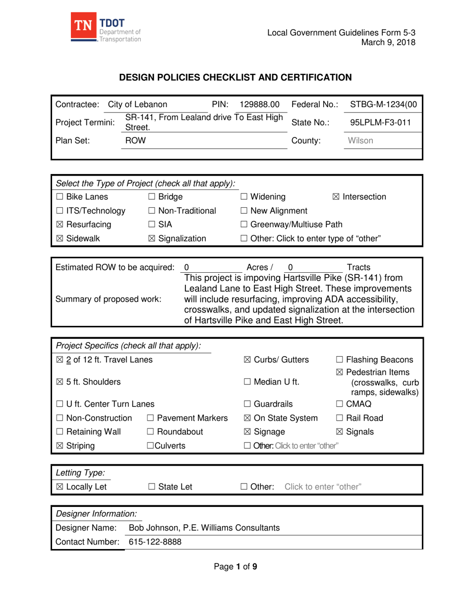 Sample Form 5-3 Design Policies Checklist and Certification - Tennessee, Page 1