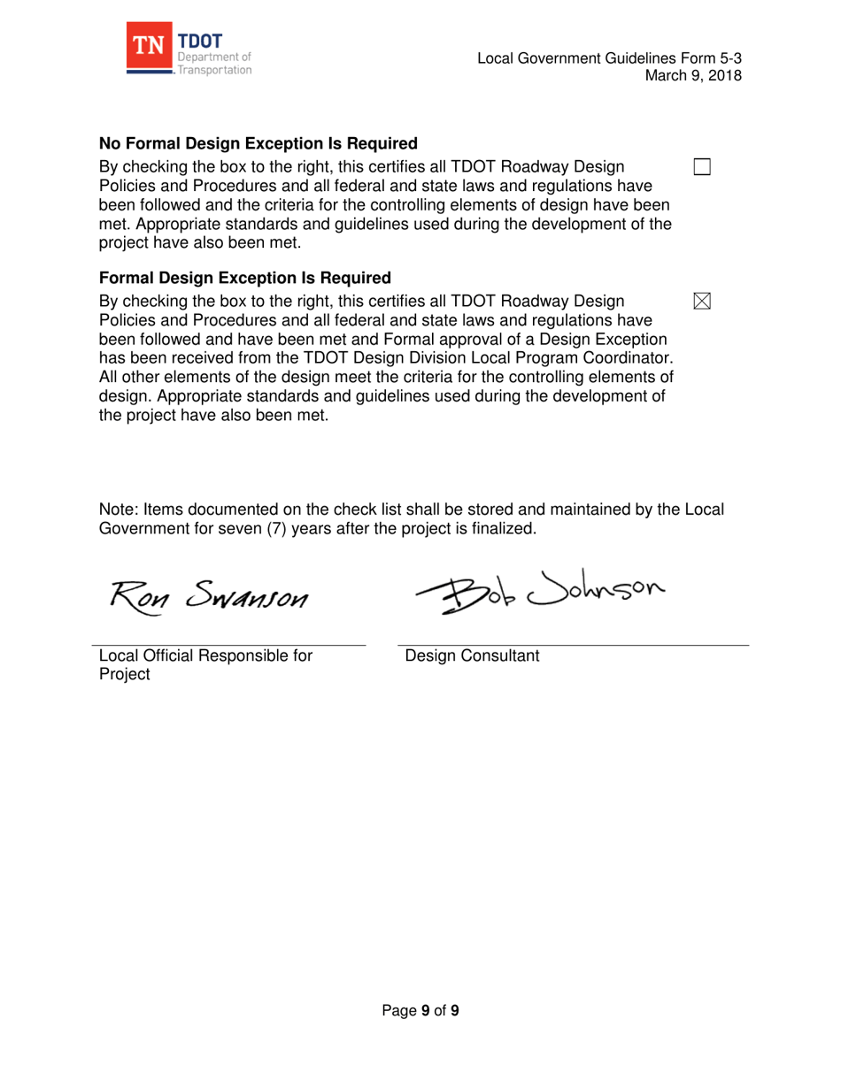 Sample Form 5-3 Design Policies Checklist and Certification - Tennessee, Page 9