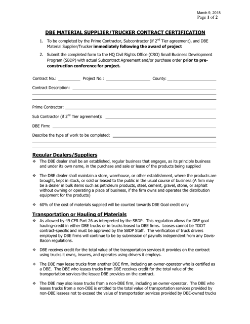 Form 8-8B Dbe Material Supplier/Trucker Contract Certification - Tennessee