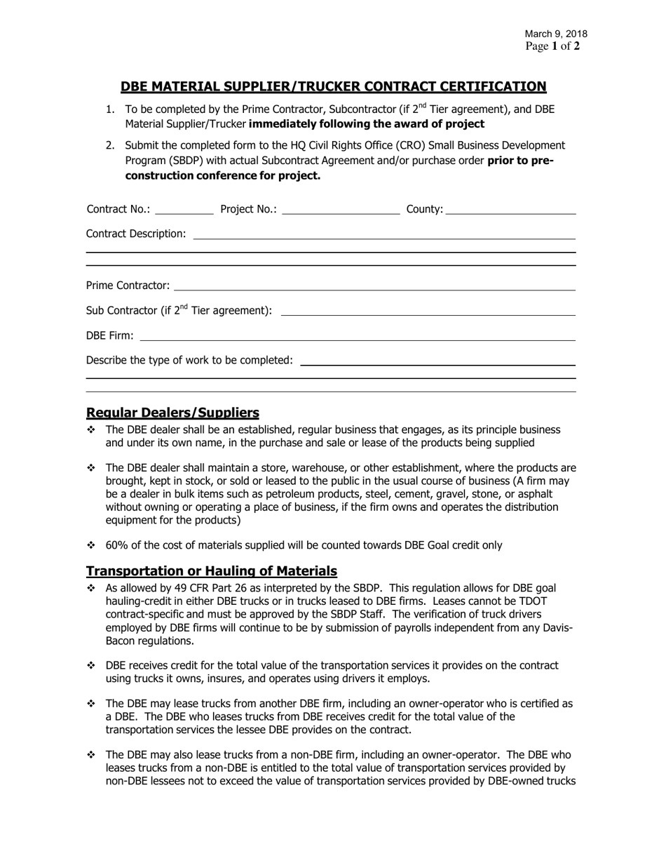 Form 8-8B Dbe Material Supplier / Trucker Contract Certification - Tennessee, Page 1