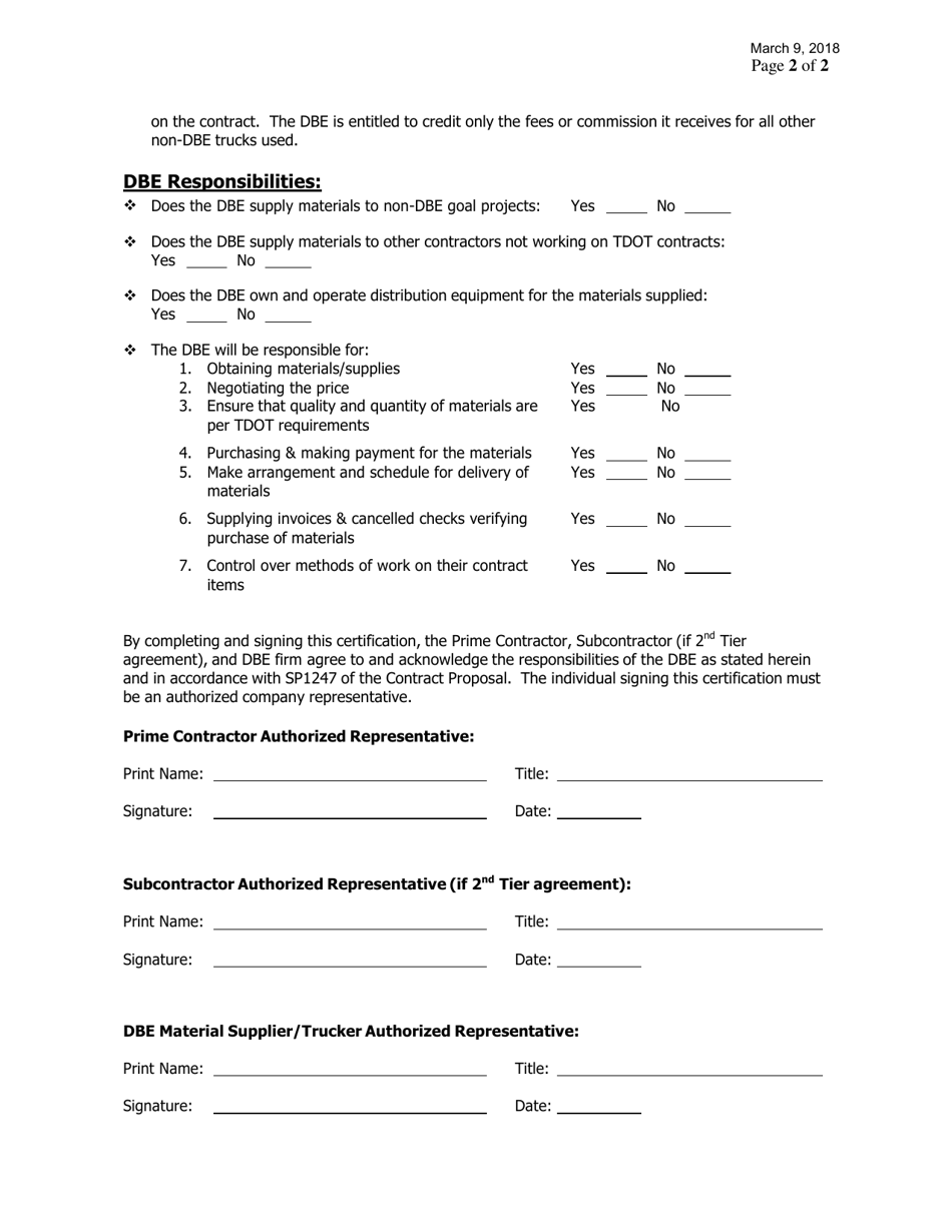 Form 8-8B Dbe Material Supplier / Trucker Contract Certification - Tennessee, Page 2