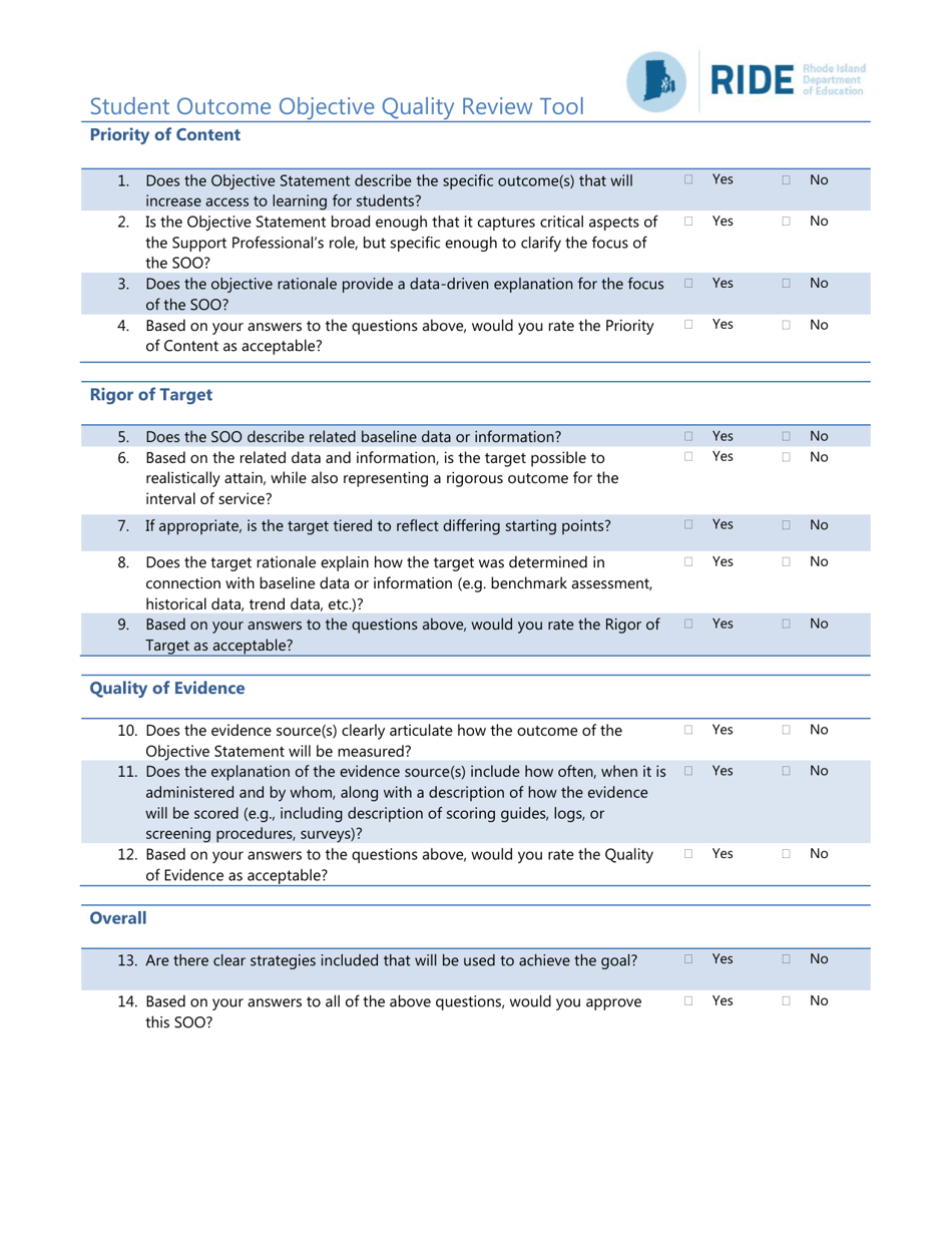 Student Outcome Objective Quality Review Tool - Rhode Island, Page 1