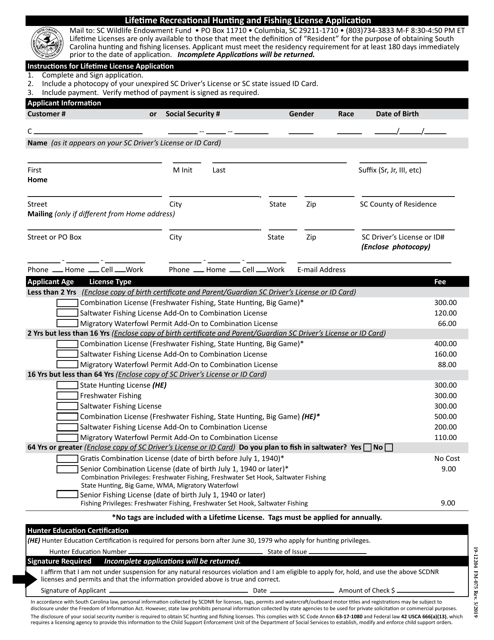 Form 19-12204 (FM-075) Lifetime Recreational Hunting and Fishing License Application - South Carolina