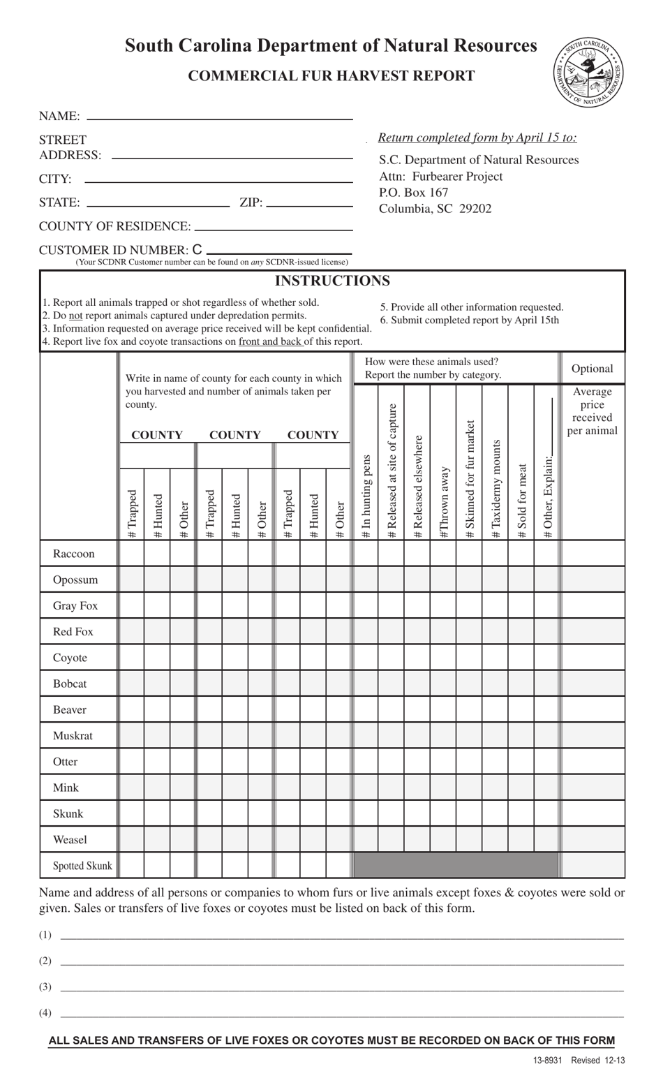 Form 13-8931 Commercial Fur Harvest Report - South Carolina, Page 1