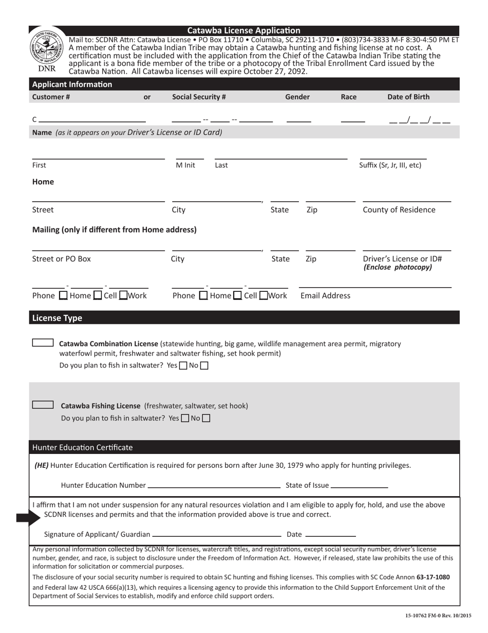 Form 15-10762 (FM-0) Catawba License Application - South Carolina, Page 1