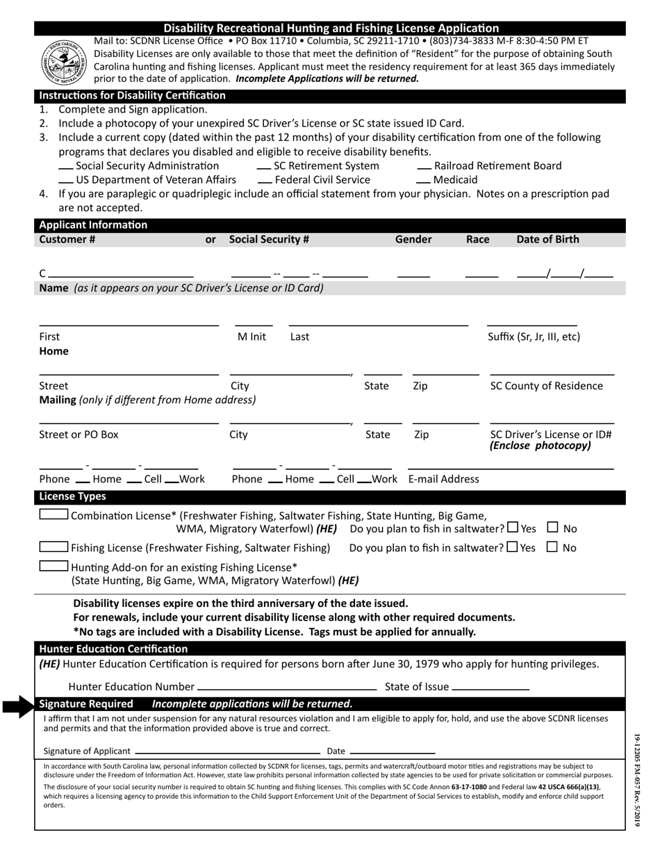 Form 19-12205 (FM-057) Disability Recreational Hunting and Fishing License Application - South Carolina, Page 1