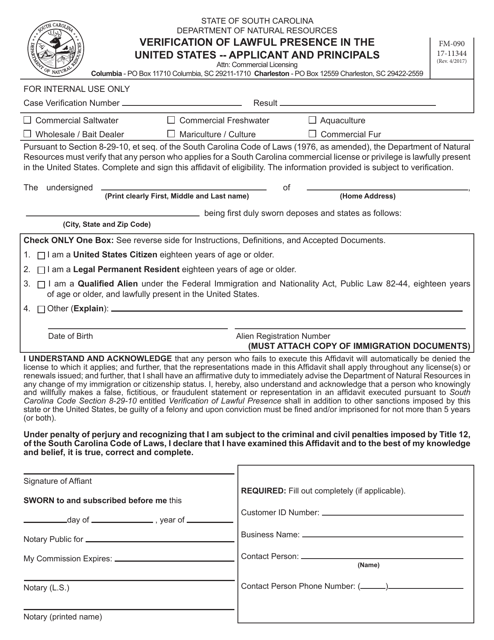 Form FM-090 (17-11344) Verification of Lawful Presence in the United States - Applicant and Principals - South Carolina