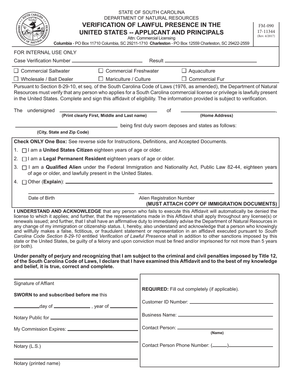 Form FM-090 (17-11344) Verification of Lawful Presence in the United States - Applicant and Principals - South Carolina, Page 1