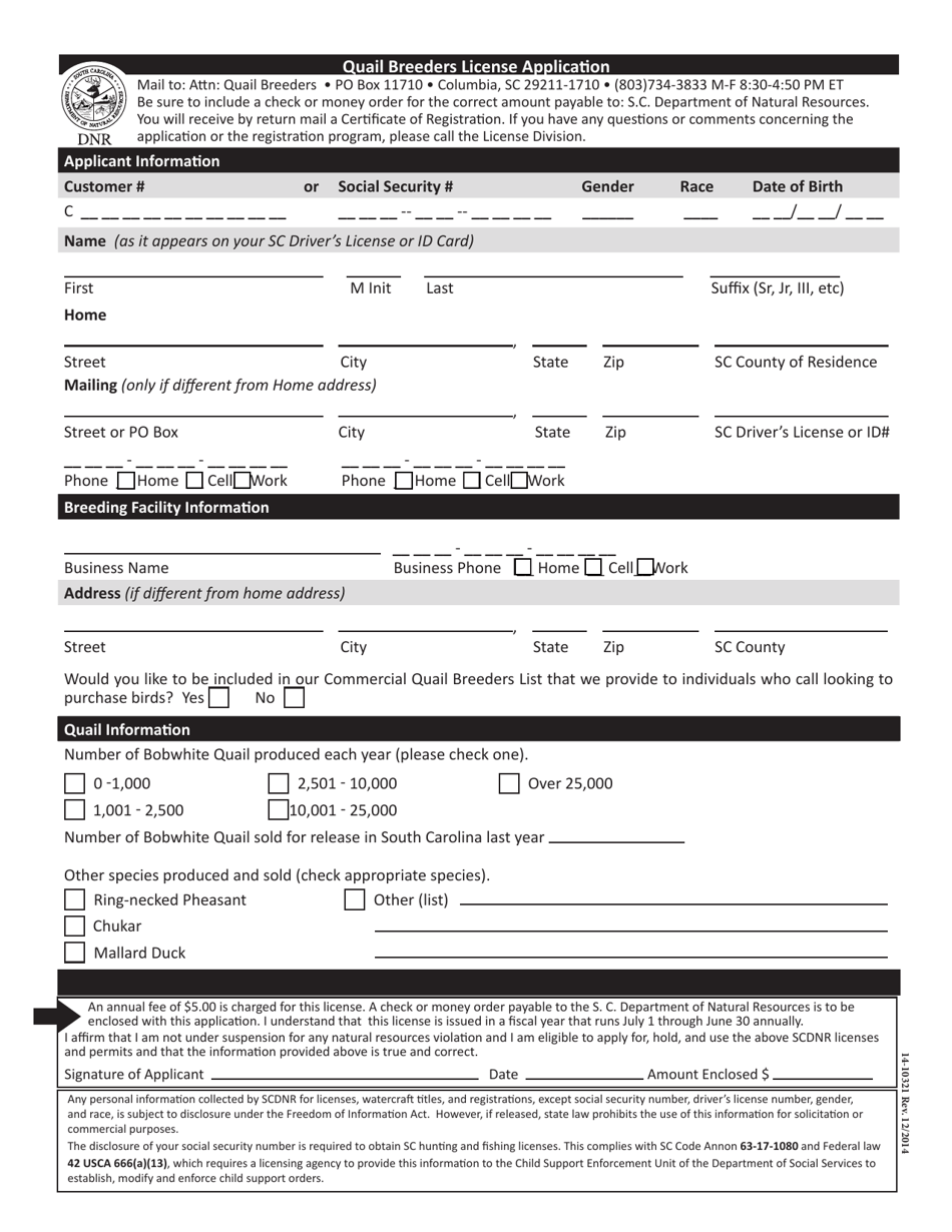 Form 14-10321 Quail Breeders License Application - South Carolina, Page 1