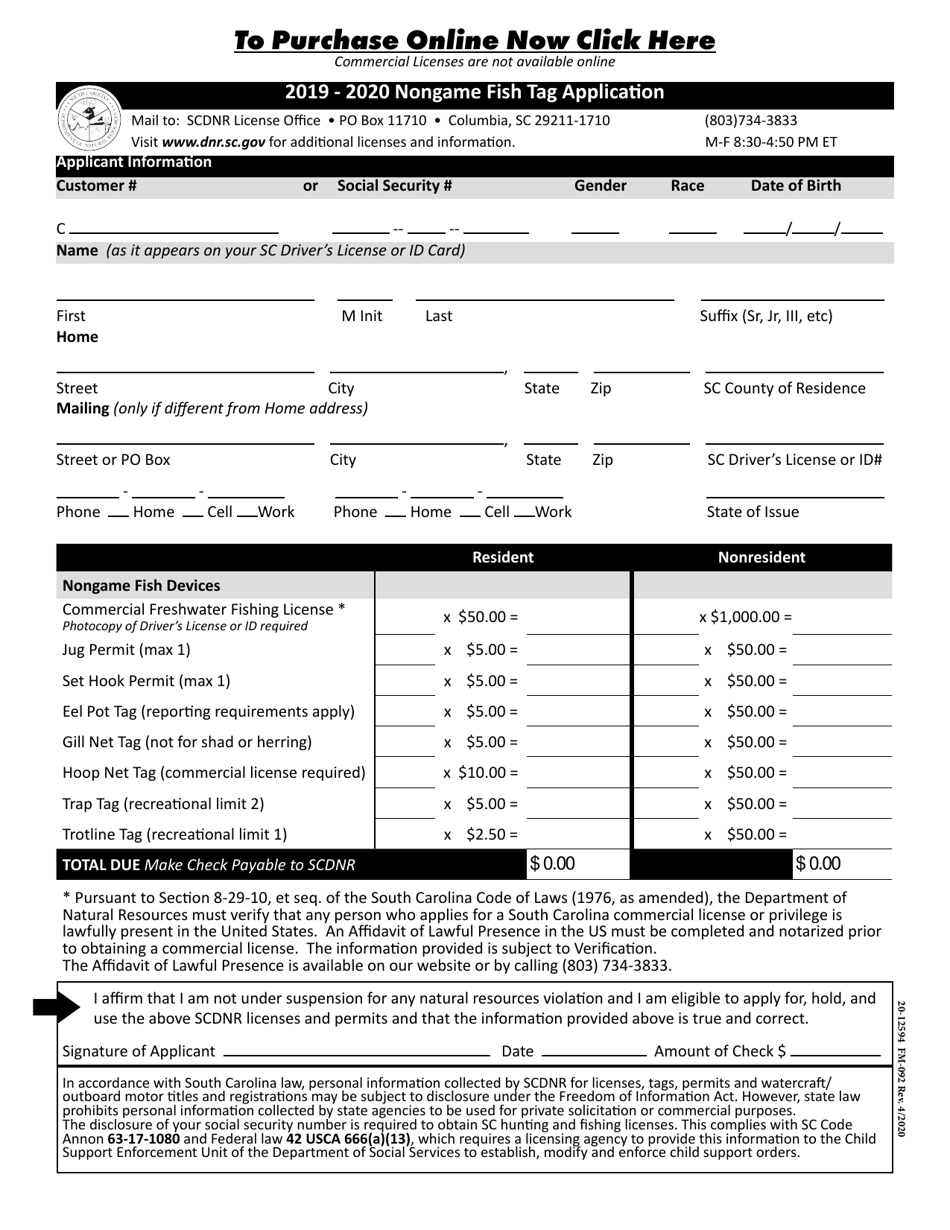 Form 20-12594 (FM-092) Nongame Fish Tag Application - South Carolina, Page 1