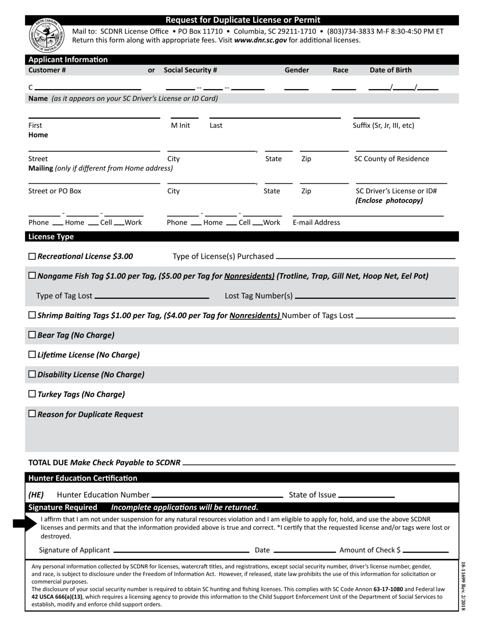 Form 18-11699 Request for Duplicate License or Permit - South Carolina, Page 1