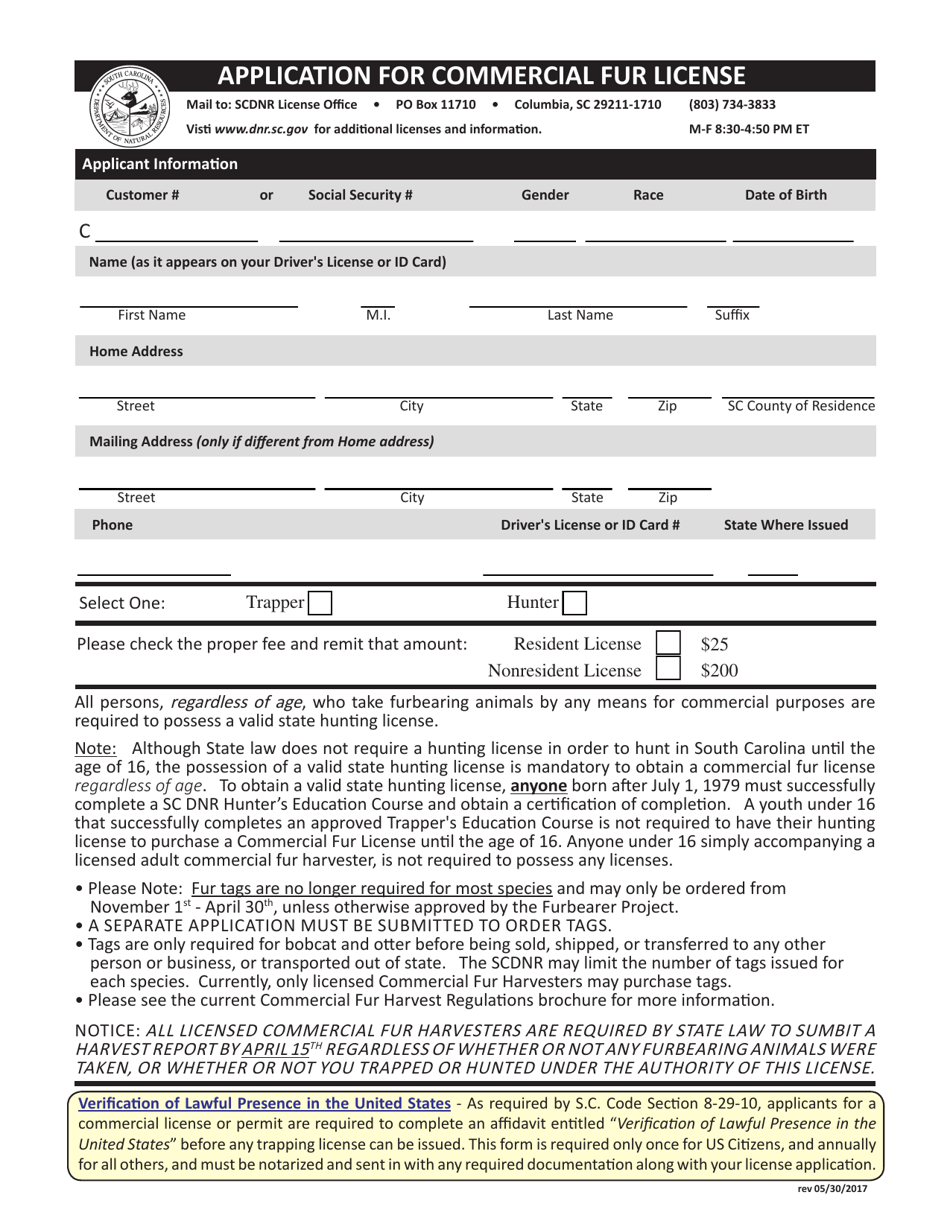 Application for Commercial Fur License - South Carolina, Page 1