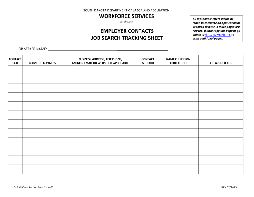 Form 66 Employer Contacts Form (Job Search Tracking Sheet) - South Dakota