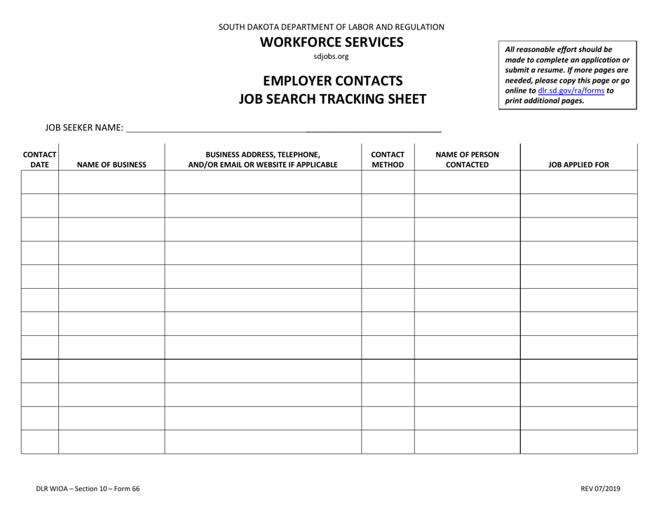 Form 66 Employer Contacts Form (Job Search Tracking Sheet) - South Dakota, Page 1