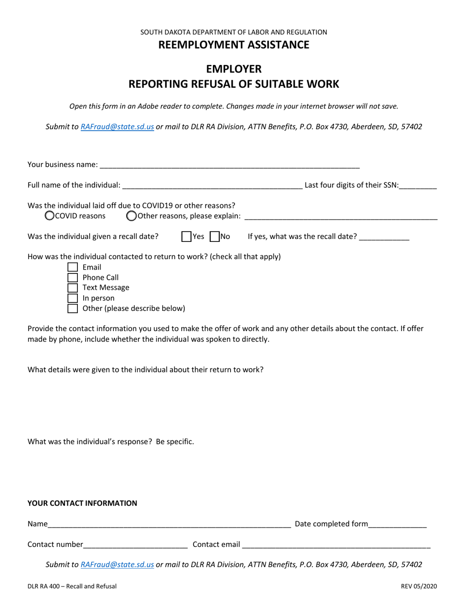 Form DLR RA400 Employer Reporting Refusal of Suitable Work - South Dakota, Page 1