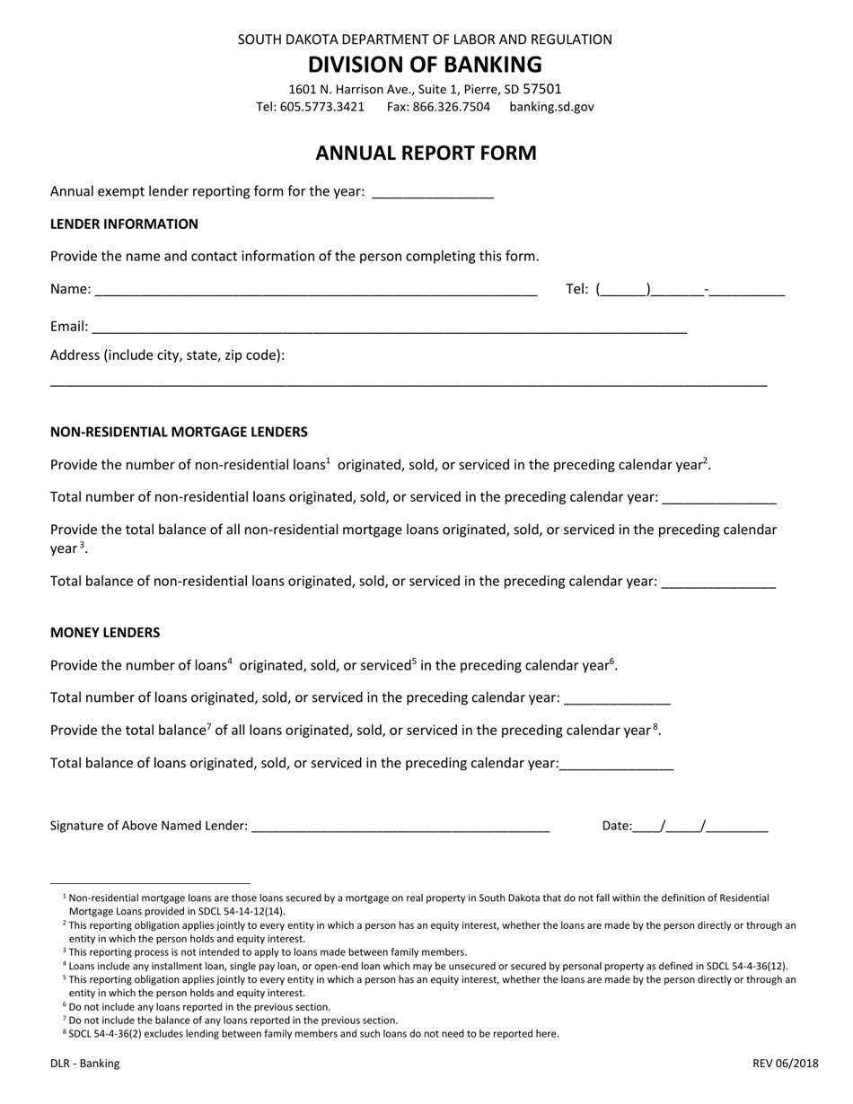 Exempt Lender Annual Report Form - South Dakota, Page 1