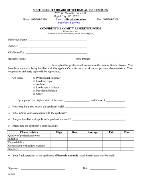 Confidential Comity Reference Form - South Dakota Download Pdf