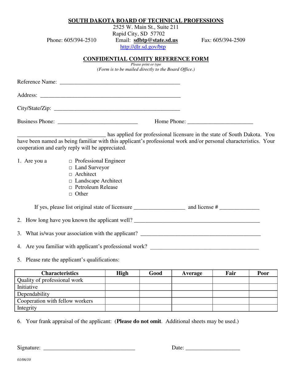 Confidential Comity Reference Form - South Dakota, Page 1