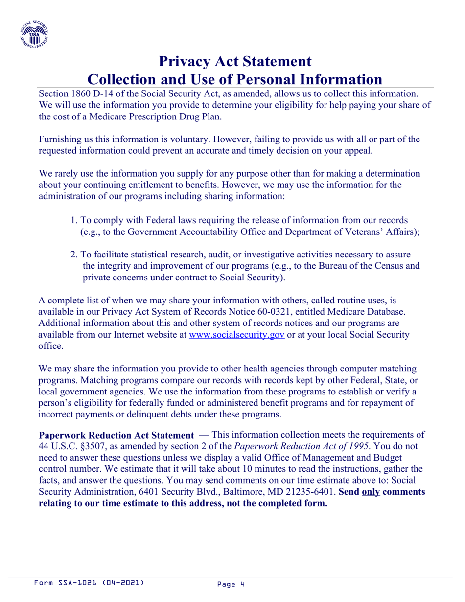Form SSA-1021 Appeal of Determination for Extra Help With Medicare Prescription Drug Plan Costs, Page 4