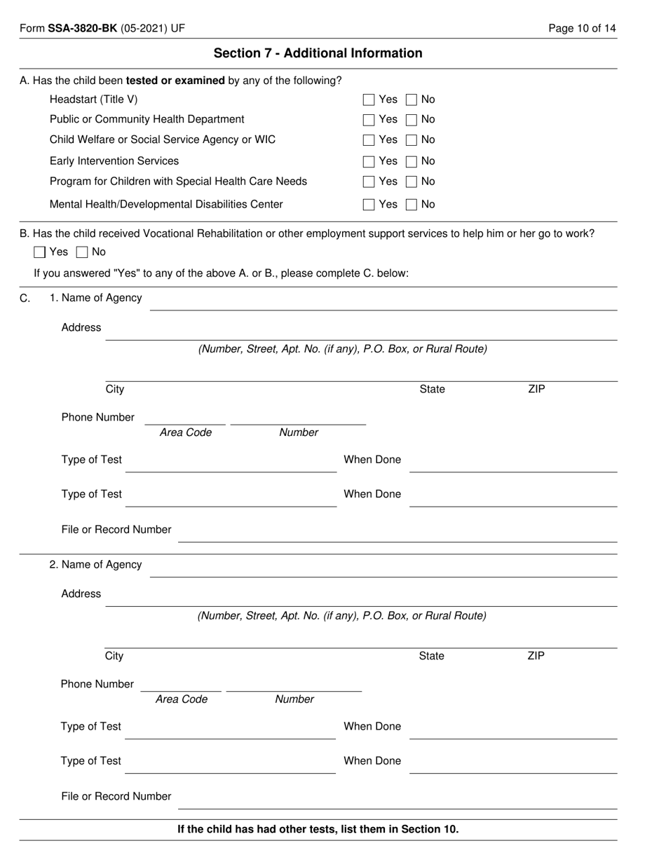 Form SSA-3820-BK Disability Report - Child, Page 10