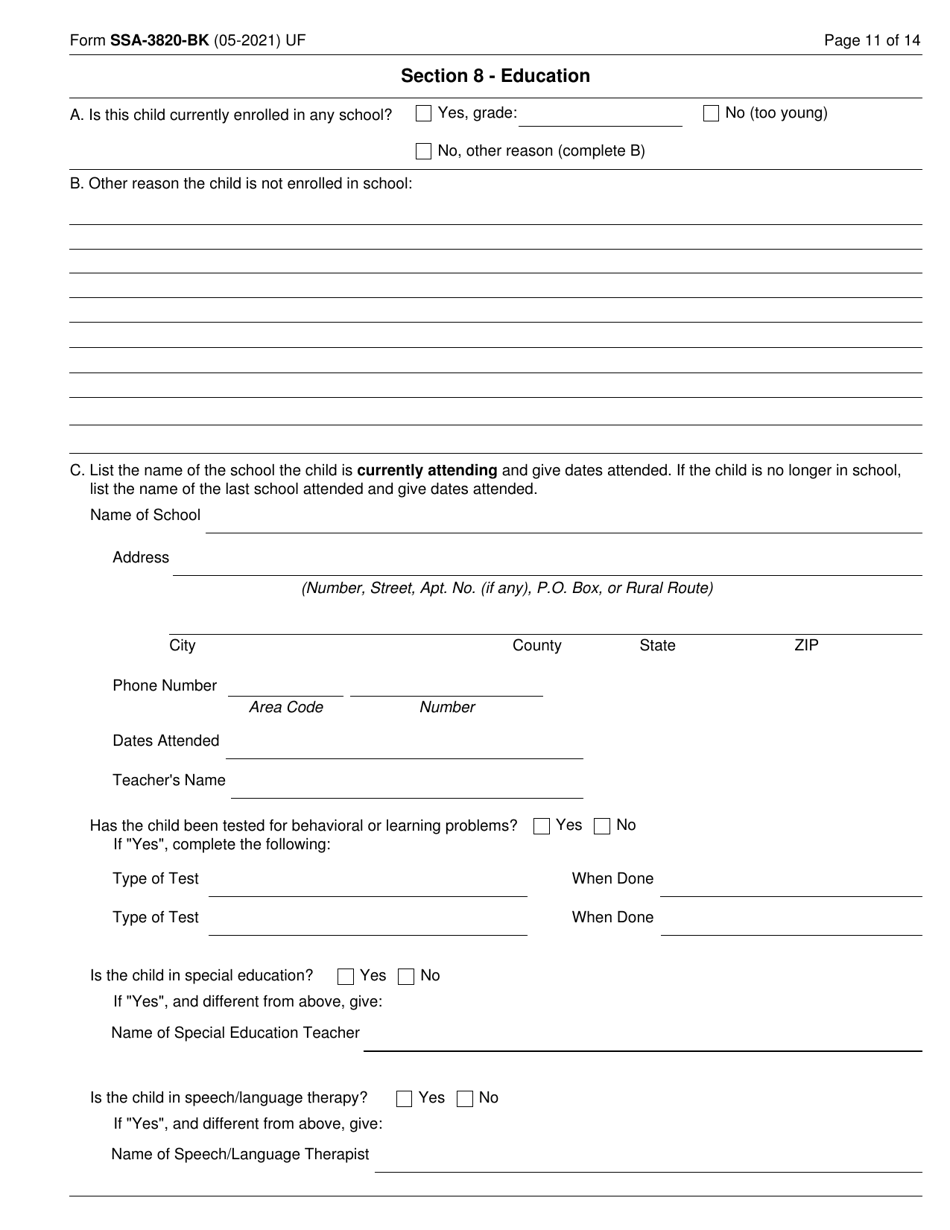 Form SSA-3820-BK Disability Report - Child, Page 11