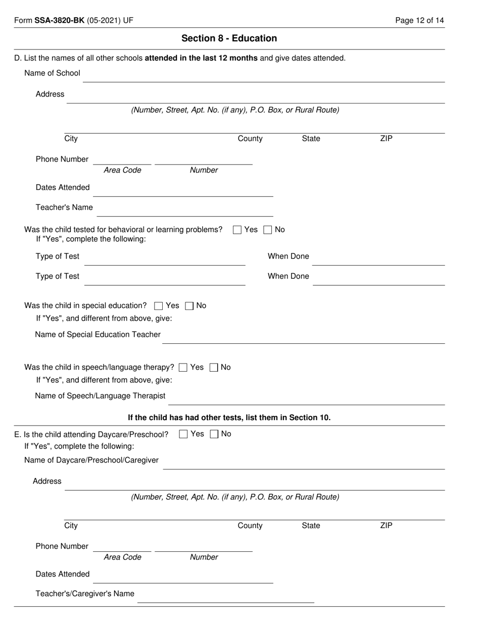 Form SSA-3820-BK Disability Report - Child, Page 12
