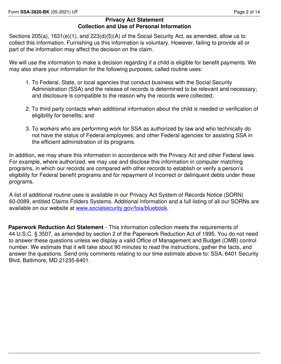 Form SSA-3820-BK Disability Report - Child, Page 2
