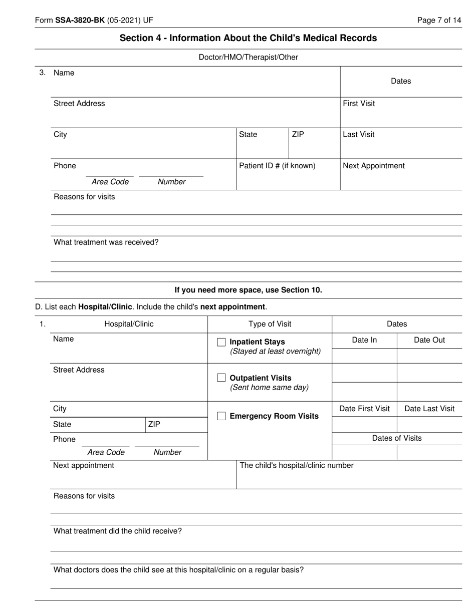 Form SSA-3820-BK Disability Report - Child, Page 7