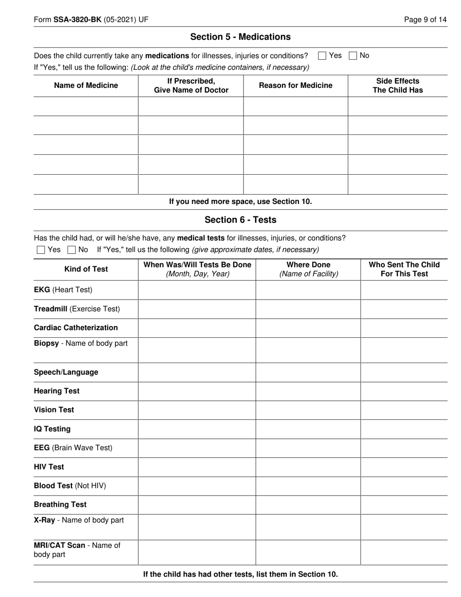 Form SSA-3820-BK Disability Report - Child, Page 9