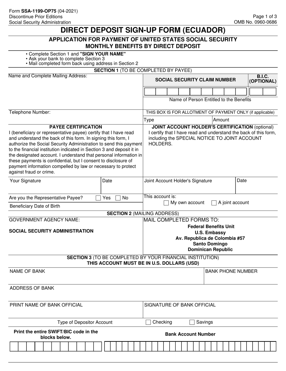 Form SSA-1199-OP75 Direct Deposit Sign-Up Form (Ecuador), Page 1