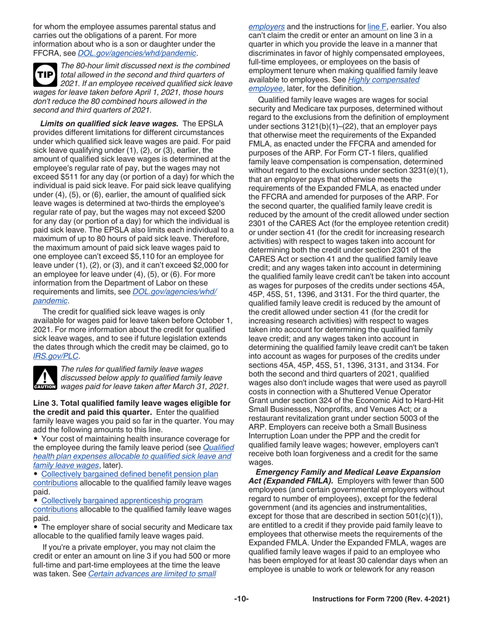 Instructions for IRS Form 7200 Advance Payment of Employer Credits Due to Covid-19, Page 10