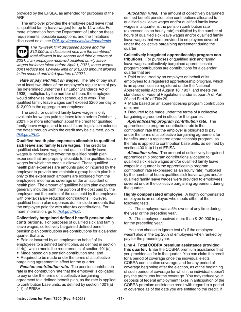 Instructions for IRS Form 7200 Advance Payment of Employer Credits Due to Covid-19, Page 11