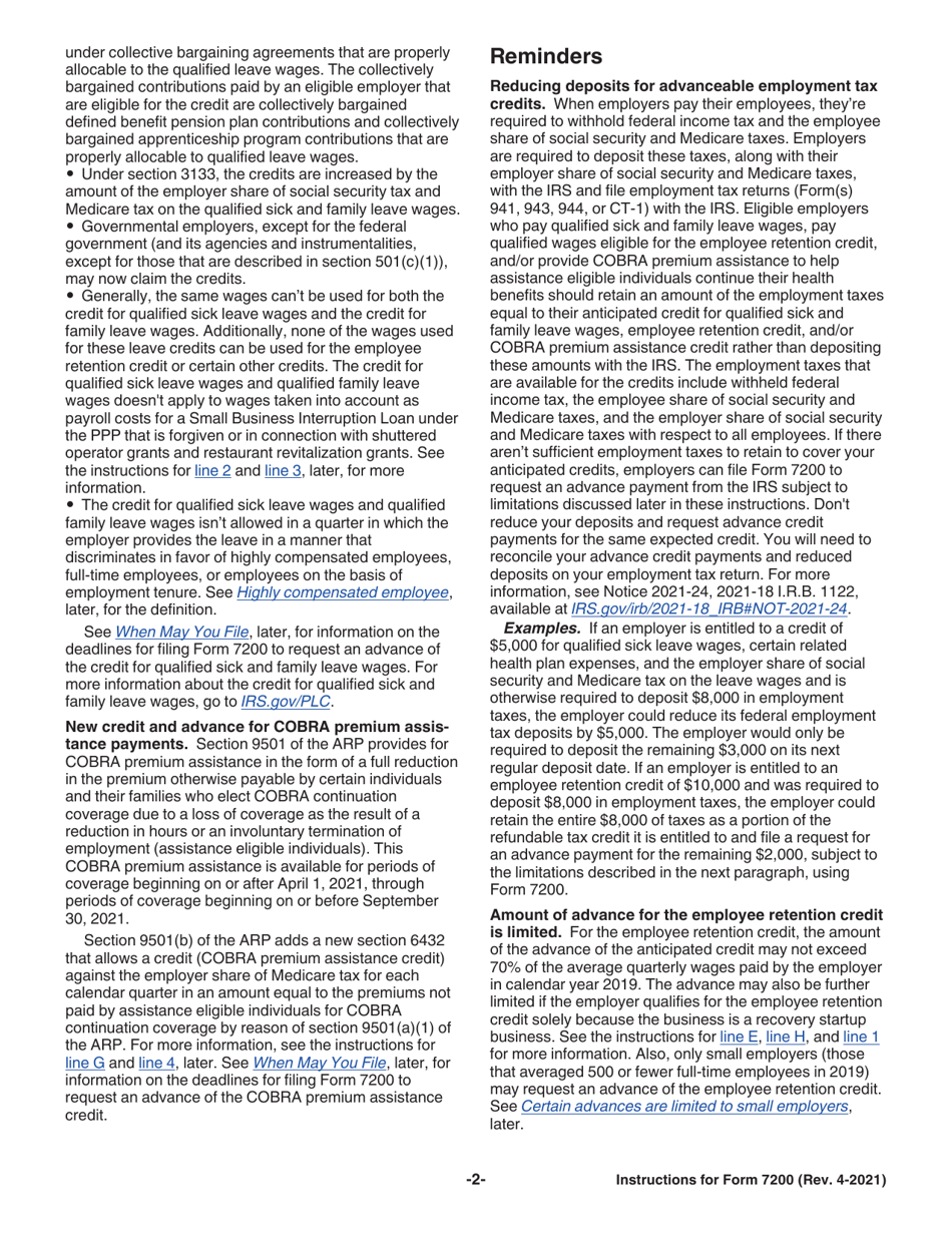 Instructions for IRS Form 7200 Advance Payment of Employer Credits Due to Covid-19, Page 2