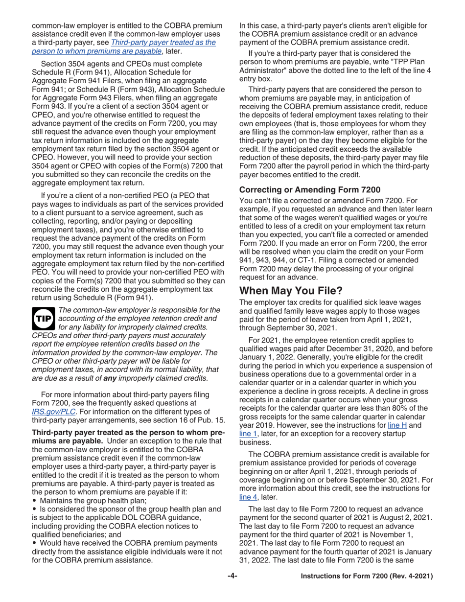 Instructions for IRS Form 7200 Advance Payment of Employer Credits Due to Covid-19, Page 4