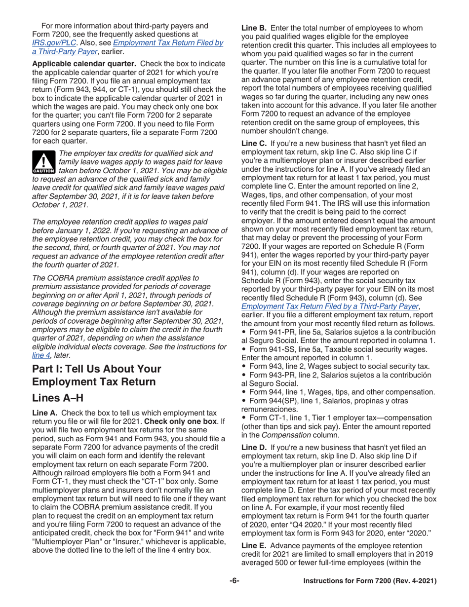 Instructions for IRS Form 7200 Advance Payment of Employer Credits Due to Covid-19, Page 6