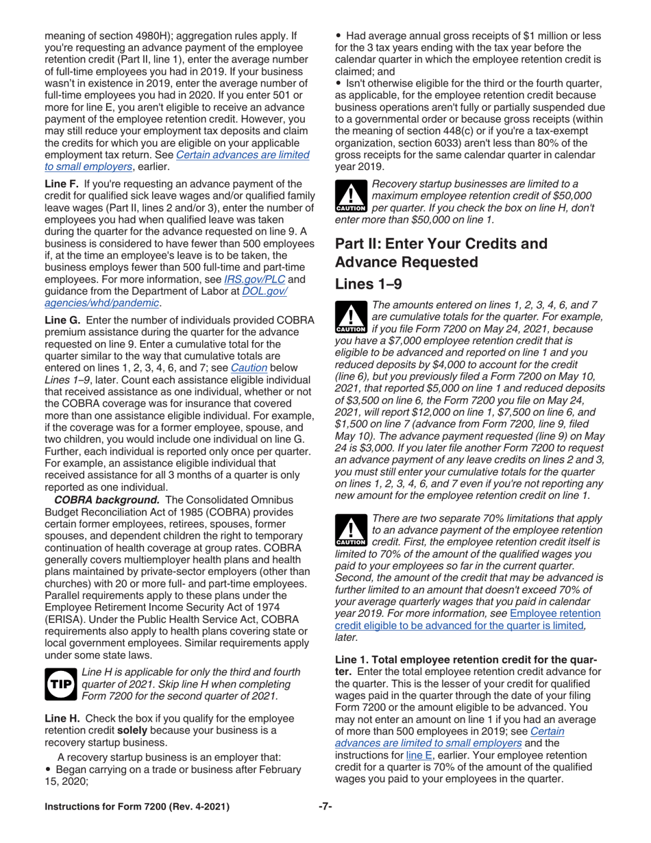 Instructions for IRS Form 7200 Advance Payment of Employer Credits Due to Covid-19, Page 7