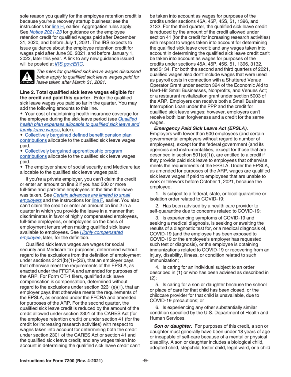 Instructions for IRS Form 7200 Advance Payment of Employer Credits Due to Covid-19, Page 9