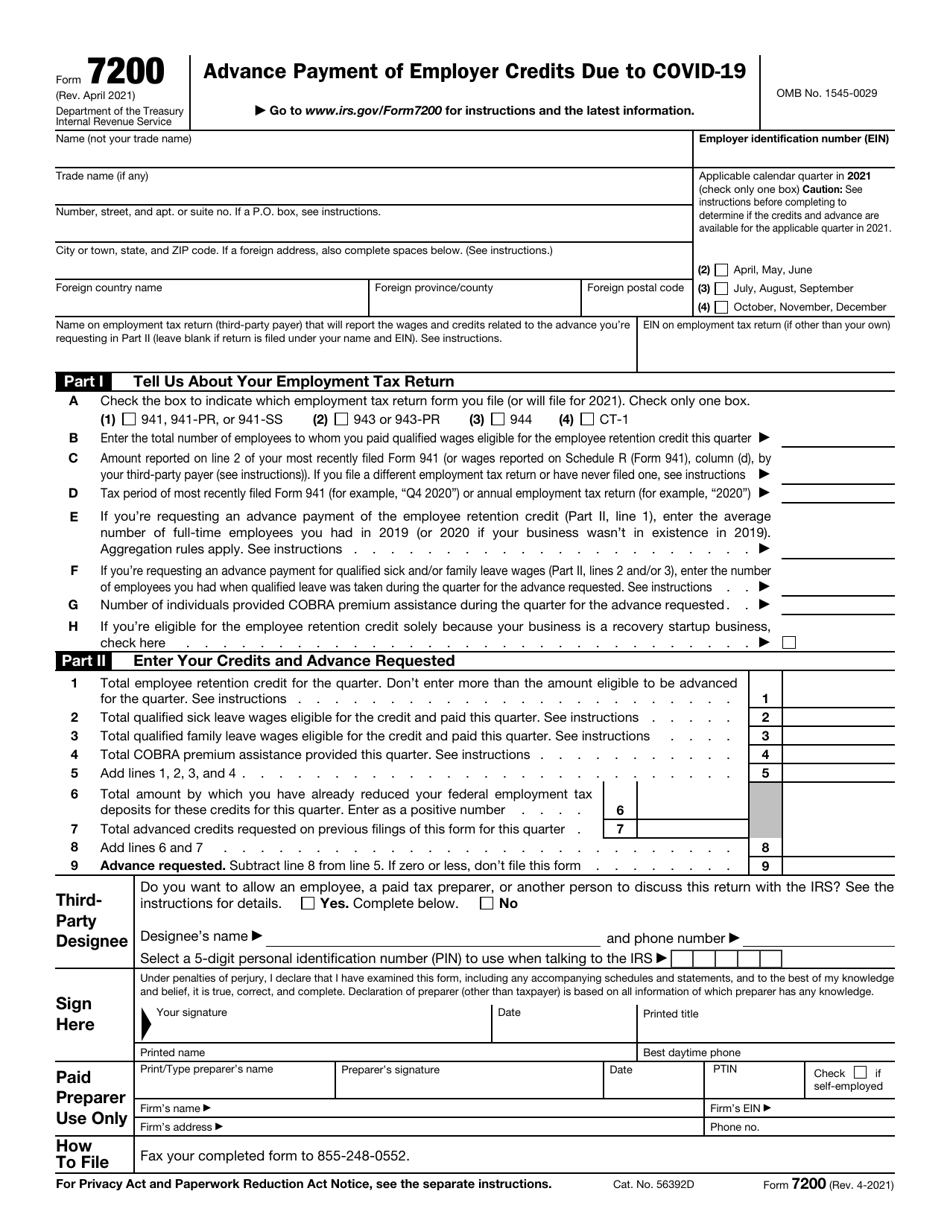 IRS Form 7200 Advance Payment of Employer Credits Due to Covid-19, Page 1