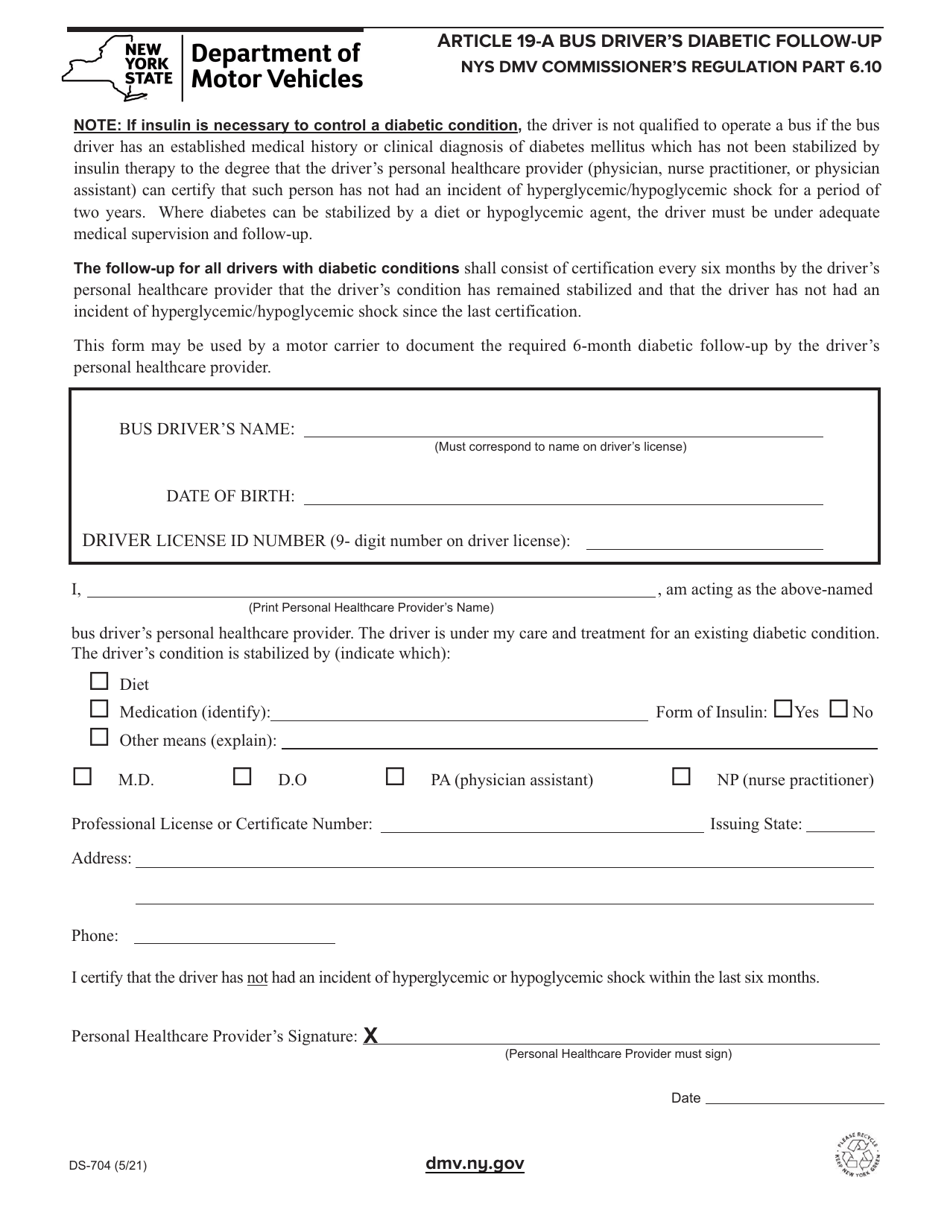 Form DS-704 Article 19-a Bus Driver's Diabetic Follow-Up - New York, Page 1
