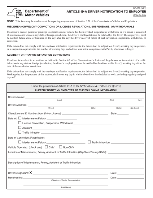 Form DS-871 Article 19-a Driver Notification to Employer - New York