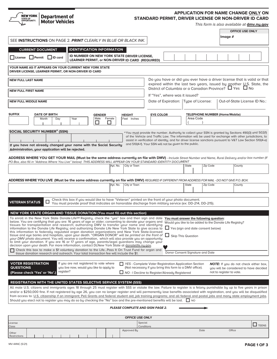 Form MV-44NC Application for Name Change Only on Standard Permit, Driver License or Non-driver Id Card - New York, Page 1