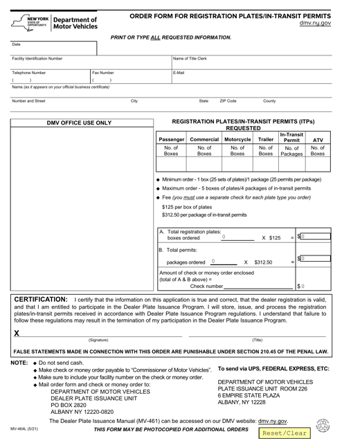 Form MV-464L Order Form for Registration Plates/In-transit Permits - New York