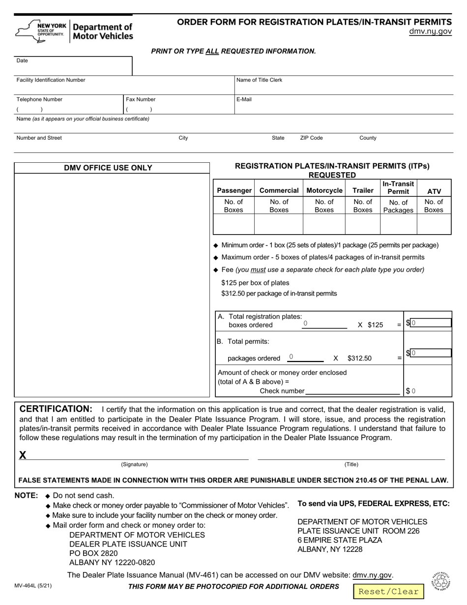 Form MV-464L Download Fillable PDF or Fill Online Order Form for ...