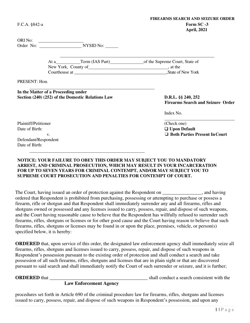 Form SC-3 Firearms Search and Seizure Order - New York, Page 1