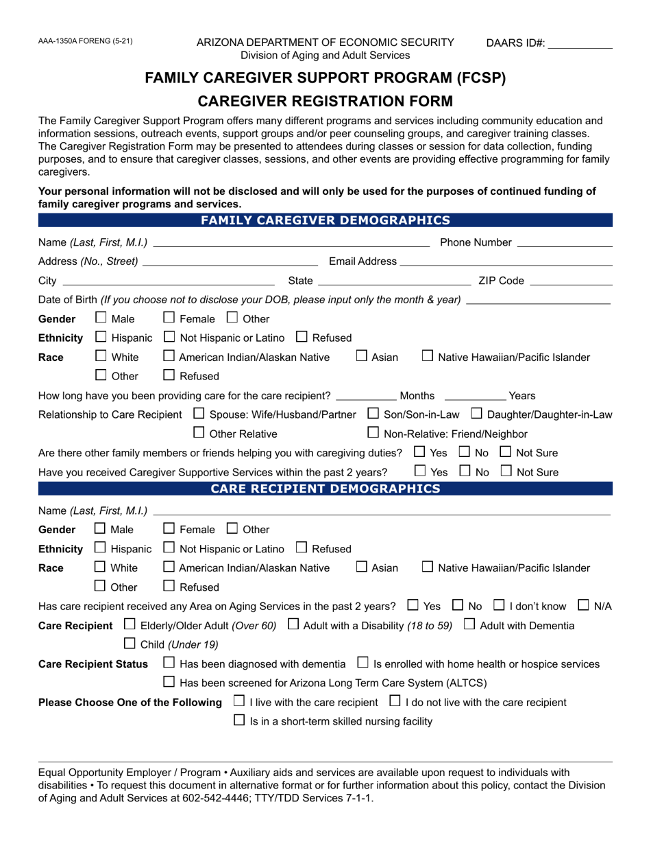 Form AAA-1350A Caregiver Registration Form - Family Caregiver Support Program (Fcsp) - Arizona, Page 1