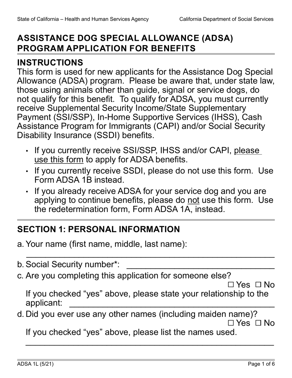Form ADSA1L Application for Benefits - Assistance Dog Special Allowance (Adsa) Program - California, Page 1