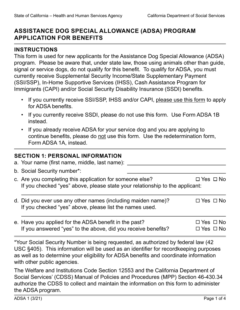 Form ADSA1 Application for Benefits - Assistance Dog Special Allowance (Adsa) Program - California, Page 1