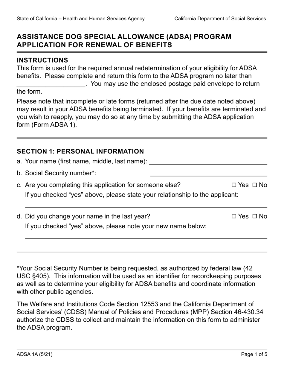 Form ADSA1A Application for Renewal of Benefits - Assistance Dog Special Allowance (Adsa) Program - California, Page 1