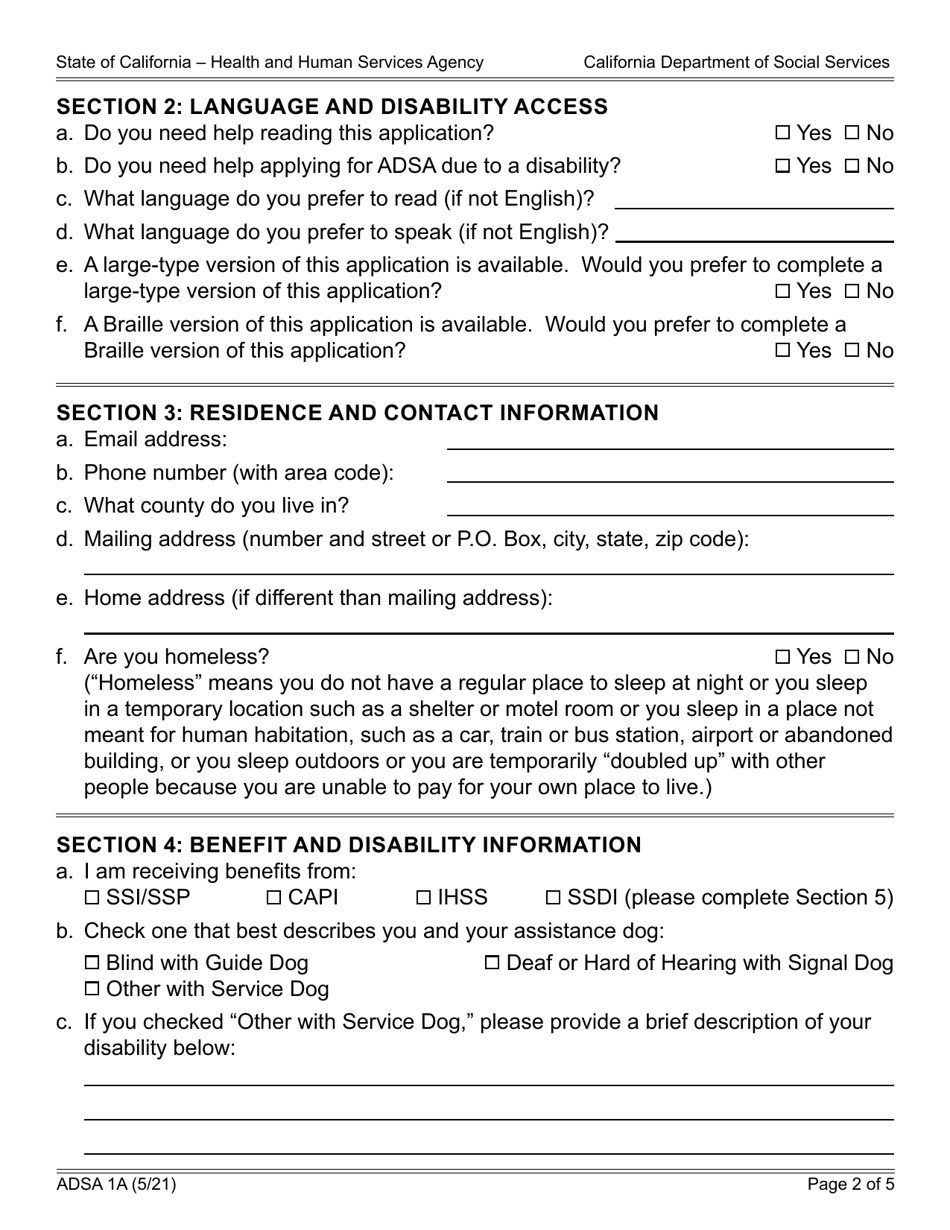 Form ADSA1A Application for Renewal of Benefits - Assistance Dog Special Allowance (Adsa) Program - California, Page 2